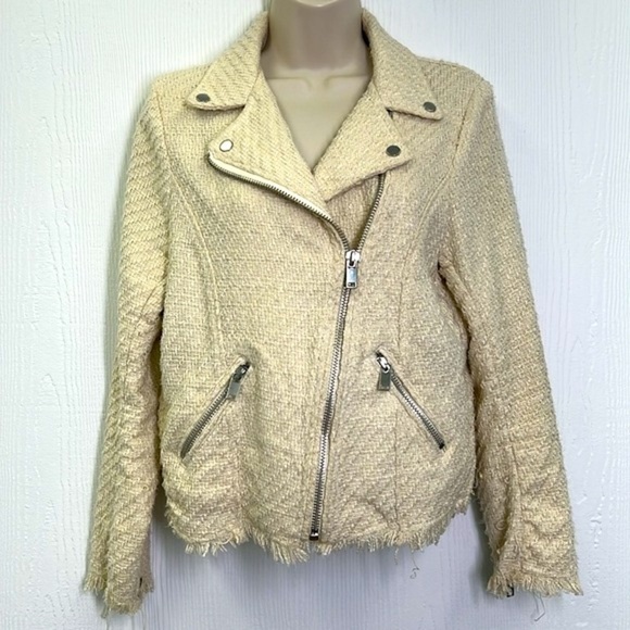 H&M - Cream Textured Tweed With Silver Hardware Moto Biker Jacket Size 6 - Picture 4 of 12